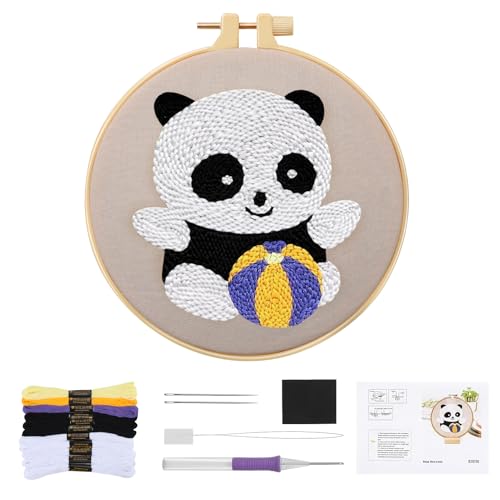 GlasFlength Panda Stanznadel Stickerei Starter Kit, Punch Needle Stickerei Set mit Stoff Fäden Einfädelhilfe Mustern und Anleitungen Handarbeit Set Starter-Kits für Anfänger für Kinder Erwachsene von GlasFlength