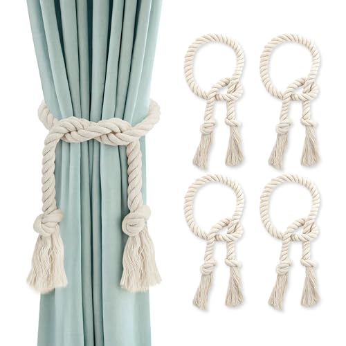 GlasFlength Vorhang Raffhalter, 4 Stück Boho Raffhalter für Vorhänge Handgestrickte Gardinenband 100CM Baumwolle Seil Curtain Rope Buckle Gardinenhalter für Schlafzimmer Office Wohnzimmer (Beige) von GlasFlength