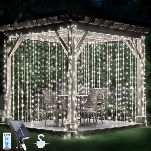 Glaxcidy Lichtervorhang Innen 3mx3m, 300 LEDs Solarvorhang Licht 8 Modi mit Fernbedienung, Wasserdichte Lichterkette Gardine für Innen Deko, Weihnachten, Schlafzimmer, Party, Weiß von Glaxcidy