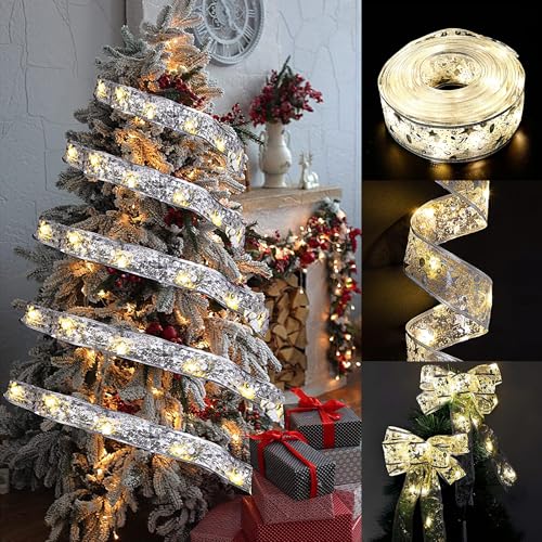 Glaxcidy Weihnachtsband Lichter, 5M/16.4FT 50 LEDs Batteriebetrieben Weihnachtslichterketten Band mit 2 Modi, DIY Weihnachtsbaum Deko Lichter für Garten Terrassen, Festliche Deko von Glaxcidy