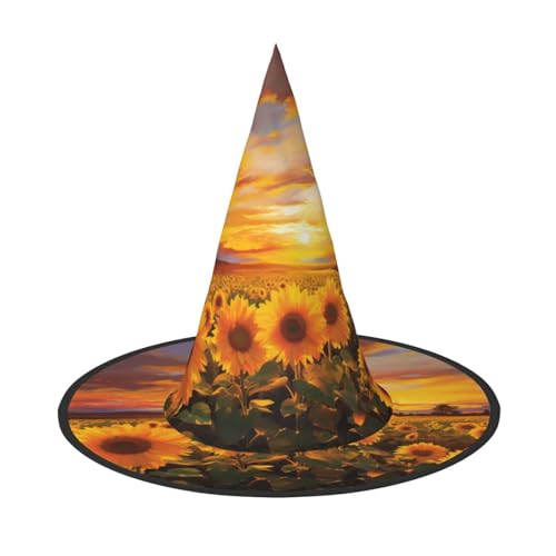 GlbnSHeric Hexenhüte Halloween Kegel Zauberer Hut Sonnenblume Feld Sonnenuntergang Hexenhüte Halloween Hut Kostüm Cosplay von GlbnSHeric