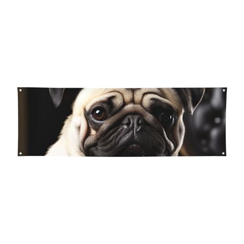 Großes Banner für drinnen und draußen, personalisierbar, cooler Mops-Hund, Partyschilder, 300D-Polyester, blanko, Banner mit vier runden Metalllöchern, Banner für Party-Dekoration von GlbnSHeric