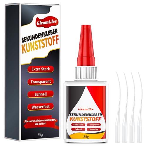 Kunststoffkleber 35g, Extra stark Spezialkleber Kunststoff, wasserfest, hitzebeständig & transparent Plastik Sekundenkleber für Kunststoff, Acrylglas, Modellbau von GleamGlee