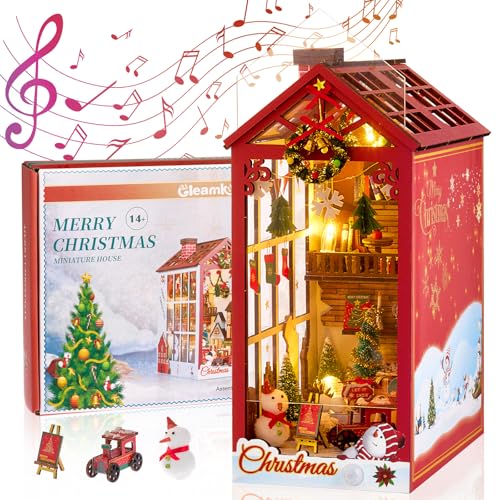 Gleamkid Book Nook DIY Kit-Weihnachten DIY Miniatur Puppenhaus Booknook,Modell DIY Buch Stand Modell,Dekoration,mit Tools/LED Lichtern/Spieluhr,Geburtstag für Kinder ab 14 Jahren von Gleamkid