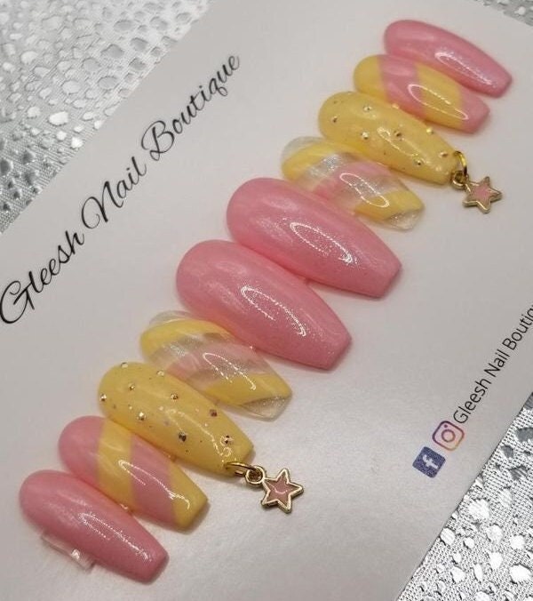 Pink & Gelb Sparkle Gel Nagel Set - Freestyle Größe L von GleeshNailBoutique