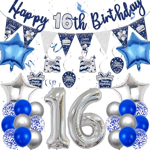 16 Geburtstag Deko Blau Silber - 16. Geburtstag Dekoration für Junge und Mädchen, Happy Birthday Girlande, Wimpelkette, Hängende Wirbel, Luftballons zum 16. Geburtstag von Gleeve