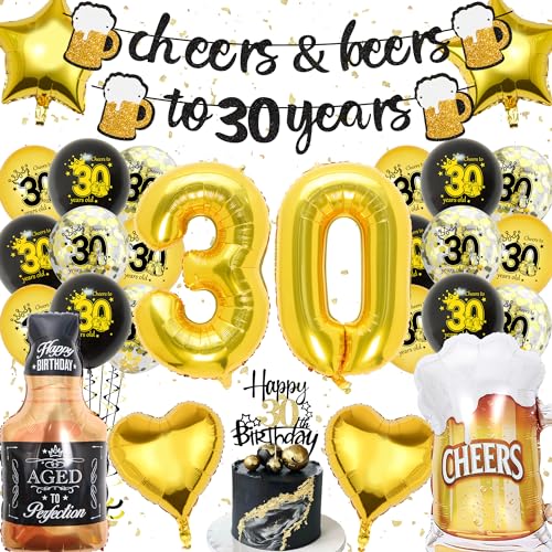 30. Geburtstag Deko Schwarz Gold - 30. Geburtstag für Männer Frauen 30. Geburtstag luftballons Girlande Banner Stern Folienballons Herzballons Tortendeko 30 Jahre Partyzubehör Mann Frau von Gleeve