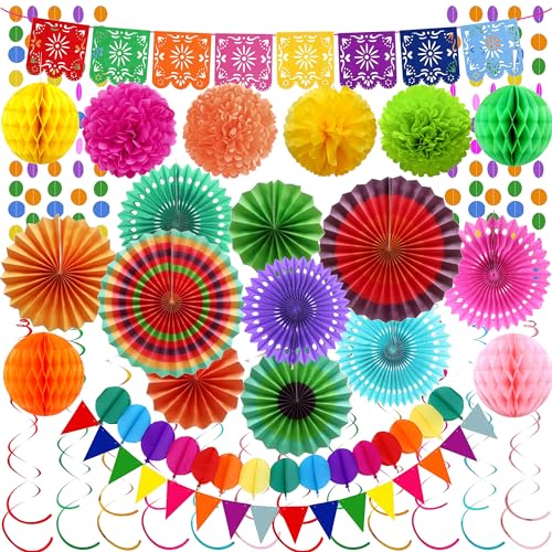 49 Stück Party Dekoration Papier Pompoms, Bunt Girlande Wimpelkette, Aufhängen Fächer, Hängende Wirbel, Party Deko Set Für Hochzeit Geburtstag Sommer Festival Mexikanische Fiesta Cinco de Mayo von Gleeve