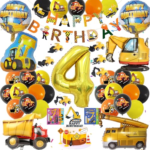 Bagger Deko Kindergeburtstag 4 Jahre - Baustelle 4. Geburtstagsdeko Jungen Bagger Luftballons Baustellen Truck Folienballon Bagger Spielzeug Tortendeko Kuchen Deko Und Bau Party Happy Birthday Banner von Gleeve