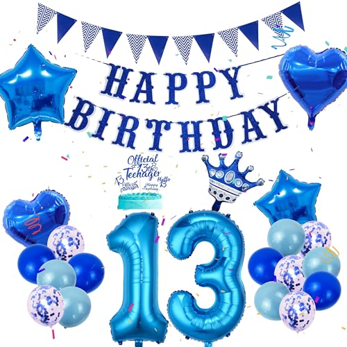 Deko 13. Geburtstag Jungen Teenager - Geburtstagsdeko 13 Jahre Blau, Ballon Nummer 13, Official 13th Tortendeko Kuchen Topper, Happy Birthday Girlande, Navy Blau Offizielle Teenager Party Deko von Gleeve