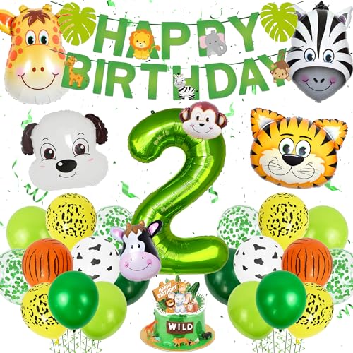 Dschungel Dekoration 2. Geburtstag Kinder - Waldtier Geburtstag Deko 2 Jahre für Jungen Mädchen mit Happy Birthday Girlande Tiger Giraffe Zebra Affe Luftballon Tortendeko Grüne Safari Partyzubehör von Gleeve