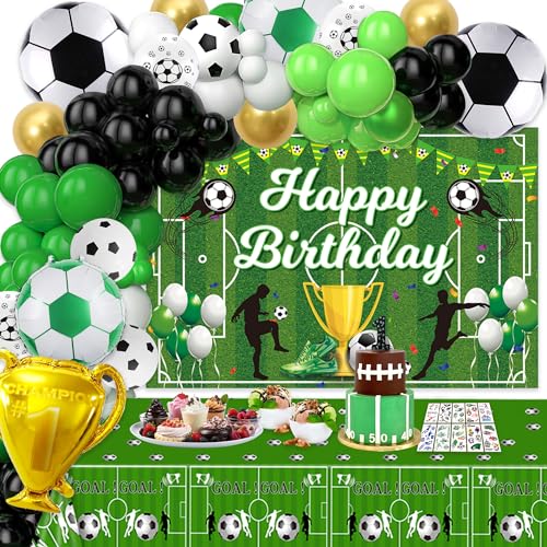 Fußball Geburtstag Deko Junge - Fussball Dekoration Geburtstag Kinder Fussball Folienballons Grün Luftballon Girlande mit Happy Birthday Hintergrund Trophäen Ballon Tattoo Aufkleber von Gleeve