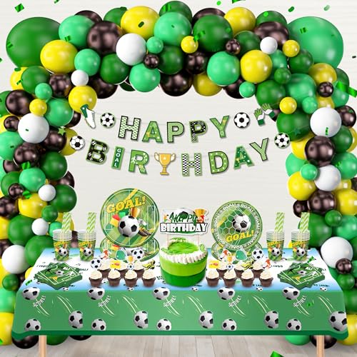 Fussball Party Geburtstag Deko Jungen - Fußball Luftballon Girlande Happy Birthday Banner Und Fußball Partygeschirr Pappteller Dessertteller Servietten Tischdecke Strohhalme Pappbecher für 10 Gäste von Gleeve