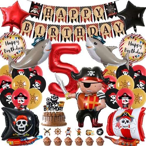 Piraten Deko Kindergeburtstag Luftballons - Dekorationen Zum 5. Geburtstag für Jungen Mädchen, 60 Stück Piratenschif Folienballons XXL Hai Ballons Happy Birthday Banner, Tortendeko, Cupcake Topper Set von Gleeve