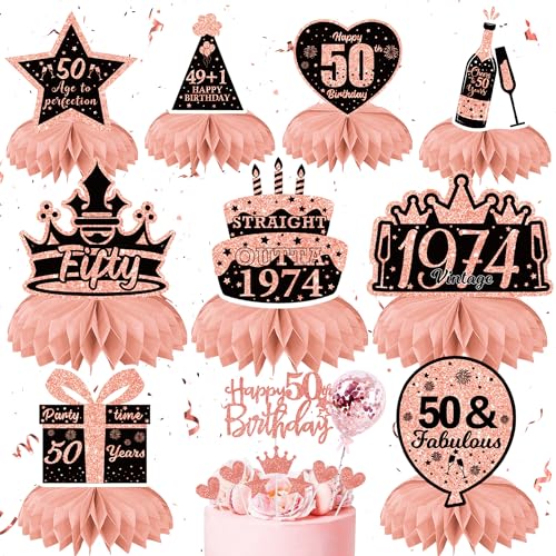 50. Geburtstag Deko Frauen - 18 Stück Roségold Tischdeko mit Tortendeko, Rosegold Bienenwabe Mittelstück Tischdekoration Happy 50th Birthday Kuchendeko Cake Topper für Frau 50. Geburtstag Party von Gleeve