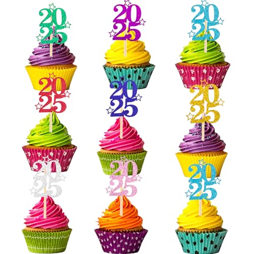 Gleevio 2025 Tortendeko Happy New Year,24 Stück 2025 Cupcake Topper Silvester Deko 8 Farben,Glitzer Kuchen Deko 2025 Silvester,Cake Topper Happy New Year 2025,Muffin Deko Silvester Party Deko von Gleevio