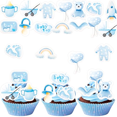 Gleevio Essbare Its a Boy Tortendeko Babyparty Junge,48 Stück Cupcake Topper Baby Boy,Muffin Deko Babyparty Junge,Esspapier Babyparty Kuchen Deko Essbar,Blau Cupcake Deko Baby für Gender Reveal Taufe von Gleevio