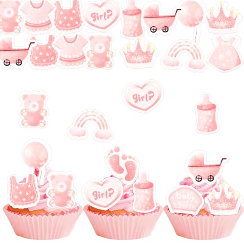 Gleevio Essbare Its a Girl Tortendeko Baby Girl,48 Stück Cupcake Deko Baby Essbare,Babyparty Tortendeko Essbar,Muffin Deko Babyparty Mädchen,Rosa Cupcake Topper Baby Girl,Kuchen Deko Taufe Mädchen von Gleevio