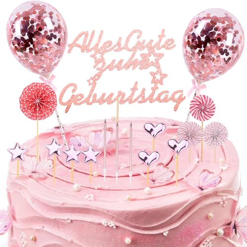 Gleevio 23 Stück Happy Birthday Tortendeko Mädchen,Glitzer Happy Birthday Cake Topper mit Geburtstagskerzen,Alles Gute zum Geburstagstorte Deko,Rosa Tortendeko Geburtstag Kuchendeko mit Stern Liebe von Gleevio