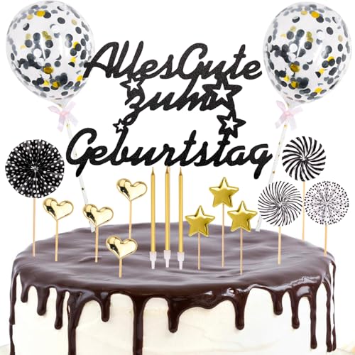 Gleevio 23 Stück Glitzer Tortendeko Geburtstag,Cake Topper Geburtstag,Alles Gute zum Geburstag Torte Deko mit Geburtstagskerzen,Happy Birthday Kuchendeko Schwarz Gold für Mädchen Jungen Frauen Mann von Gleevio