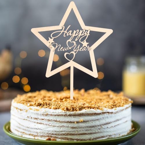 Gleevio Holz Tortendeko Happy New Year,Cake Topper Happy New Year 2025,Stern Tortendeko 2025,Torten Topper Silvester Deko 2025,Kuchendeko Neujahr,Happy New Year Torten Deko für Silvester Party von Gleevio