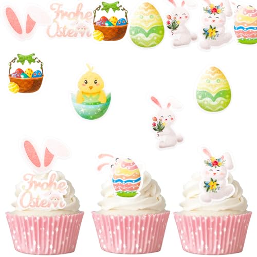 Gleevio Oster Tortendeko Essbar,48 Stück Kuchen Deko Ostern Essbare,Frohe Ostern Tortendeko Hase,Esspapier Ostern Cupcake Topper,Osterei Muffins Deko Essbar,Essbare Tortendeko Ostern,Hase Cupcake Deko von Gleevio