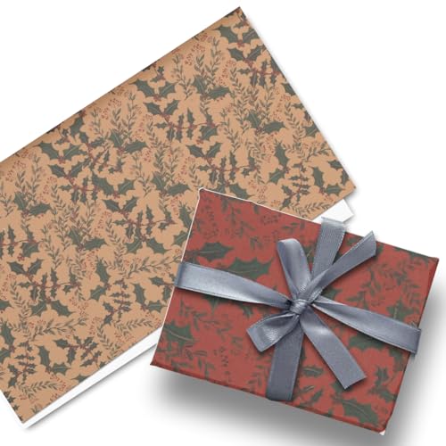 Glick Geschenkpapier für Weihnachten, gefaltet, 3 Bögen, Stechpalmen-Design, Gold/Dunkelrot von Glick