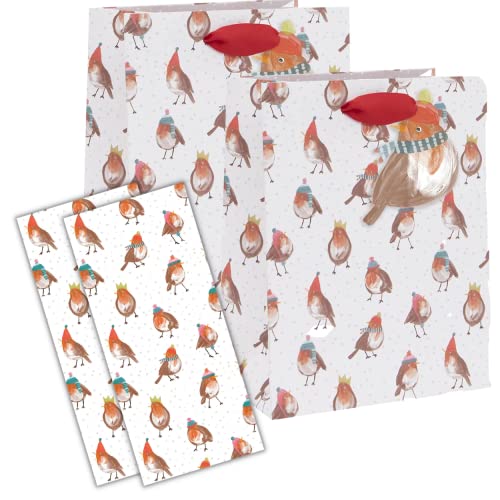 Glick Geschenktüten für Weihnachten, mittelgroß, 2 Stück plus Glick Weihnachtspapier (2 Packungen) Cosy Robins on White Christmas Wrapping Bundle von Glick