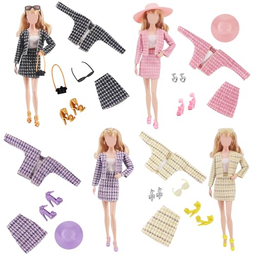 4 Set Puppenkleidung und Zubehör Set, 26,7 cm Puppen Dress Up Outfits mit Plaid Chic Anzug Top Coat Kleid Mode Hut High Heels Brille Kamera Requisiten für Mädchen Weihnachten Geburtstag Geschenke von Glirop