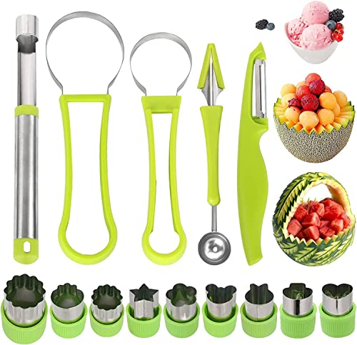 GLITTERYMALL Melone Ballettlöffel Set, 14 Packungen 4 in 1 Edelstahl Obst Werkzeug Set, Samenentferner, mit Obst und Gemüseschneider, Obstschäler für Obstschneider von Glitterymall