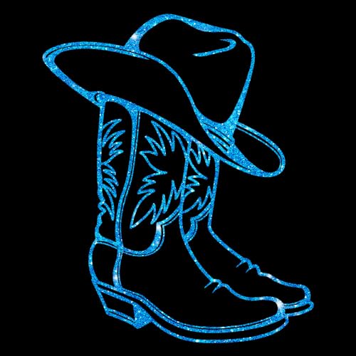 Glitzerdeals Bügelbilder Glitzer Cowboystiefel mit Hut Line Dance blau Aufbügler für Textilien Karneval Kostüm Line Dance Bügelflicken Cowboystiefel Fasching Patch zum Aufbügeln Line Dance von Glitzerdeals