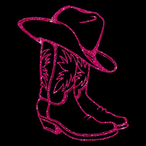 Glitzerdeals Bügelbilder Glitzer Cowboystiefel mit Hut Line Dance pink Aufbügler für Textilien Karneval Kostüm Line Dance Bügelflicken Cowboystiefel Fasching Patch zum Aufbügeln Line Dance von Glitzerdeals