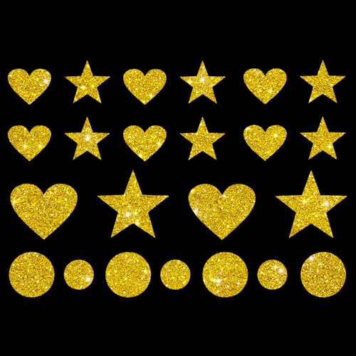 Glitzerdeals Bügelbilder Glitzer Herzen Sterne Punkte Karneval Glitzer gelbgold Aufbügler für Textilien Karneval Kostüm Herzen Bügelflicken Sterne Fasching Patch zum Aufbügeln Herzen von Glitzerdeals