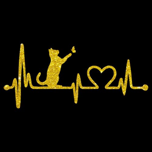 Glitzerdeals Bügelbilder Glitzer Katze auf Herzline EKG Katzen gelbgold Aufbügler für Textilien Karneval Kostüm Katzen Bügelflicken Katze Fasching Patch zum Aufbügeln Katzen von Glitzerdeals