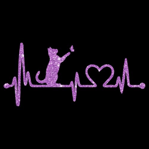 Glitzerdeals Bügelbild Glitzer Katze auf Herzline EKG Katzen lila Glitzerbild zum Aufbügeln Katzen Glitzerflex Katze Bling Aufbügler Katzen von Glitzerdeals