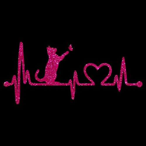 Glitzerdeals Bügelbild Glitzer Katze auf Herzline EKG Katzen pink Glitzerbild zum Aufbügeln Katzen Glitzerflex Katze Bling Aufbügler Katzen von Glitzerdeals