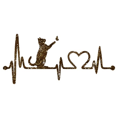 Glitzerdeals Bügelbilder Glitzer Katze auf Herzline EKG Katzen schwarzgold Aufbügler für Textilien Karneval Kostüm Katzen Bügelflicken Katze Fasching Patch zum Aufbügeln Katzen von Glitzerdeals