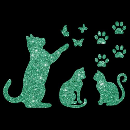 Glitzerdeals Bügelbilder Glitzer Katzen im Set Katze Schmetterlinge und Pfoten jade Aufbügler für Textilien Karneval Kostüm Katzen Bügelflicken Katze Fasching Patch zum Aufbügeln Katzen von Glitzerdeals