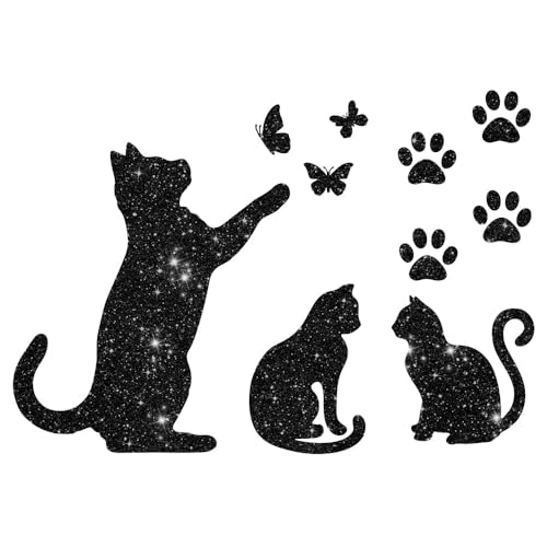 Glitzerdeals Bügelbilder Glitzer Katzen im Set Katze Schmetterlinge und Pfoten schwarz Aufbügler für Textilien Karneval Kostüm Katzen Bügelflicken Katze Fasching Patch zum Aufbügeln Katzen von Glitzerdeals