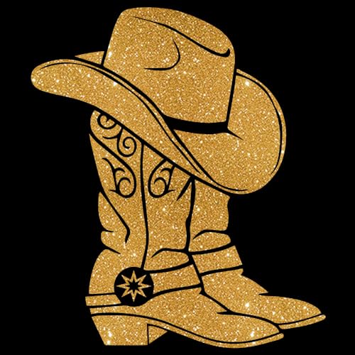 Glitzerdeals Bügelbilder Glitzer Line Dance Cowboystiefel gold Aufbügler für Textilien Karneval Kostüm Line Dance Bügelflicken Cowboyhut Fasching Patch zum Aufbügeln Line Dance von Glitzerdeals