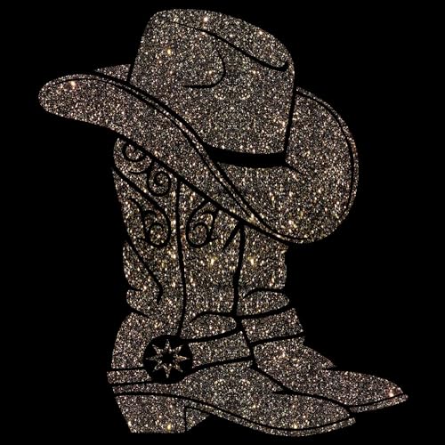 Glitzerdeals Bügelbild Glitzer Line Dance Cowboystiefel schwarzgold Glitzerbild zum Aufbügeln Line Dance Glitzerflex Cowboyhut Bling Aufbügler Line Dance von Glitzerdeals