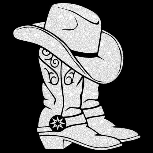 Glitzerdeals Bügelbilder Glitzer Line Dance Cowboystiefel silber Aufbügler für Textilien Karneval Kostüm Line Dance Bügelflicken Cowboyhut Fasching Patch zum Aufbügeln Line Dance von Glitzerdeals