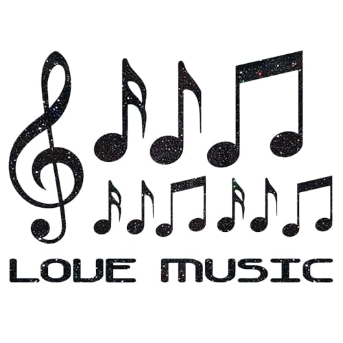 Glitzerdeals Bügelbilder Glitzer Love Music Set Notenschlüssel und Noten schwarz Aufbügler für Textilien Karneval Kostüm Music Bügelflicken Notenschlüssel Fasching Patch zum Aufbügeln Music von Glitzerdeals