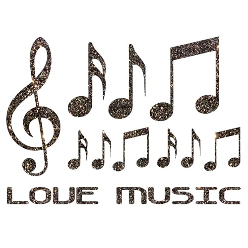 Glitzerdeals Bügelbilder Glitzer Love Music Set Notenschlüssel und Noten schwarzgold Aufbügler für Textilien Karneval Kostüm Music Bügelflicken Notenschlüssel Fasching Patch zum Aufbügeln Music von Glitzerdeals