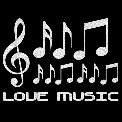 Glitzerdeals Bügelbilder Glitzer Love Music Set Notenschlüssel und Noten silber Aufbügler für Textilien Karneval Kostüm Music Bügelflicken Notenschlüssel Fasching Patch zum Aufbügeln Music von Glitzerdeals