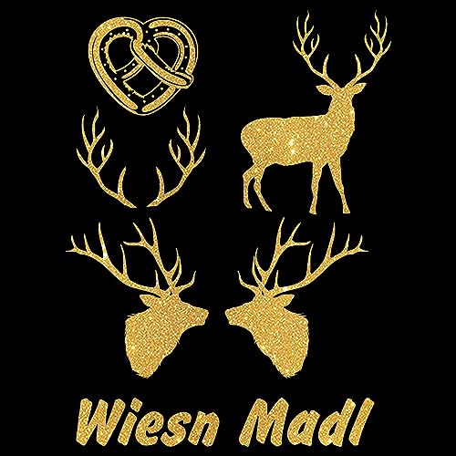 Glitzerdeals Bügelbilder Glitzer Oktoberfest Set Hirsch Brezel Geweih Wiesn Madl gold Aufbügler für Textilien Karneval Kostüm Hirsch Bügelflicken Geweih Fasching Patch zum Aufbügeln Hirsch von Glitzerdeals