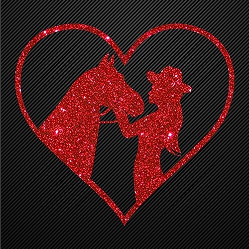 Glitzerdeals Bügelbild Glitzer Pferd mit Cowgirl im Herz rot Glitzerbild zum Aufbügeln Pferd Glitzerflex Pferde Bling Aufbügler Pferd von Glitzerdeals