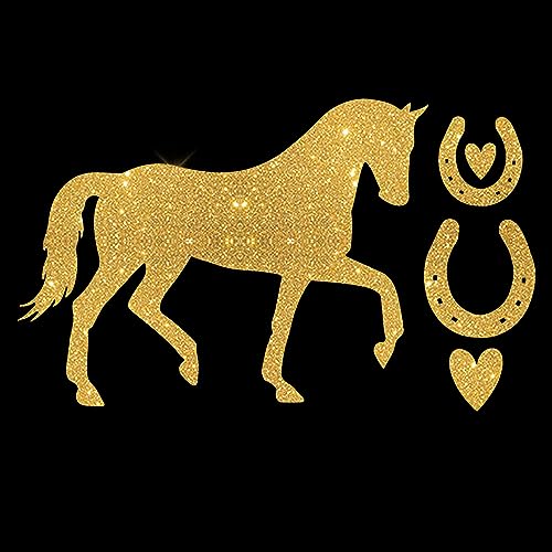 Glitzerdeals Bügelbilder Glitzer Pferd mit Hufeisen gold Aufbügler für Textilien Karneval Kostüm Pferd Bügelflicken Pferde Fasching Patch zum Aufbügeln Pferd von Glitzerdeals