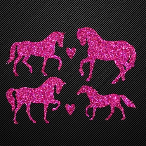 Glitzerdeals Bügelbilder Glitzer Pferde 4er Set mit Herzen pink Aufbügler für Textilien Karneval Kostüm Pferd Bügelflicken Fasching Patch zum Aufbügeln von Glitzerdeals