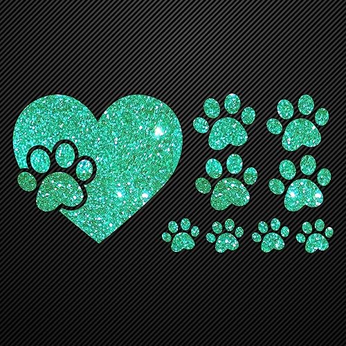 Glitzerdeals Bügelbilder Glitzer Pfote im Herz und kleine Pfoten jade Aufbügler für Textilien Karneval Kostüm Pfoten Bügelflicken Pfote Fasching Patch zum Aufbügeln Pfoten von Glitzerdeals